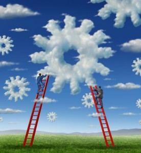 Cloud management business with a group of business people climbing red ladders to work on clouds