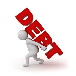 3d man carrying word debt on his back isolated on white background