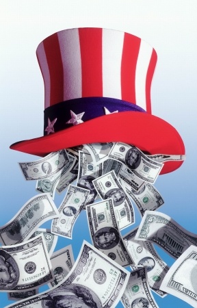 Isolated illustration of banknotes falling from Uncle Sam hat