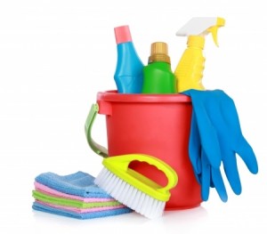 Cleaning items in bucket isolated on white background