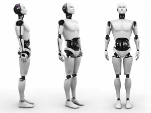 Male robot standing, a view of it from three different angles White background
