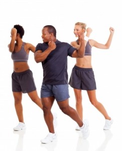 group of people doing aerobics exercise over white background
