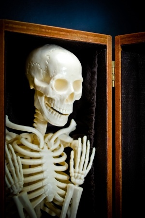 Holloween human skeleton in closet.