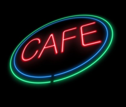 Illustration depicting an illuminated neon cafe sign