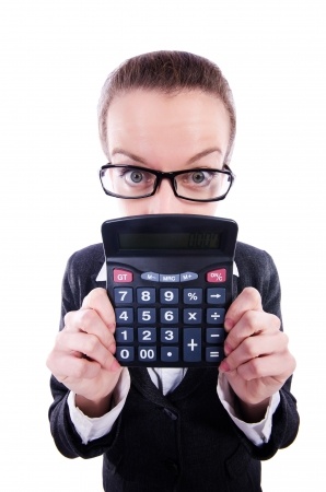 Nerd female accountant with calculator
