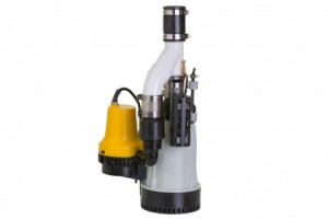 New sump pump with an attached yellow emergency backup pump