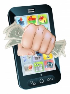 An illustration of a cell phone with a fist full of dollars coming out of the screen