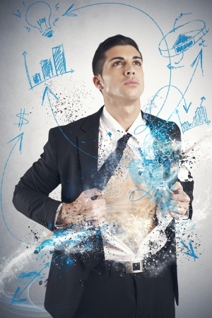 Concept of super hero businessman with business symbol