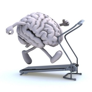 human brain with arms and legs on a running machine, 3d illustration