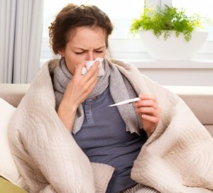 Sick Woman Flu Woman Caught Cold Sneezing into Tissue