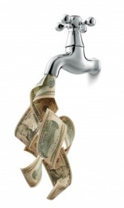 tap with money flowing against white background