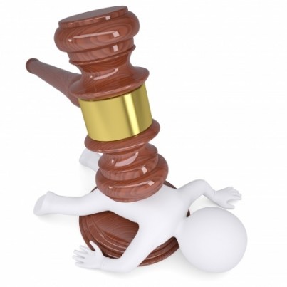 3d white man under the hammer of the judge Isolated render on a white background