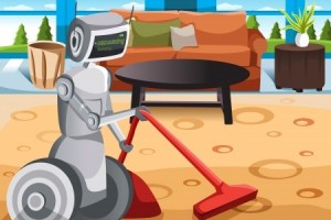 A vector illustration of a robot vacuuming carpet