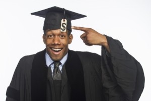 African American graduate smiling with tuition debt, horizontal