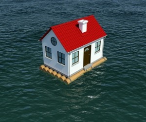 House on wooden raft floats on water