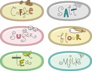 Illustration Featuring Canister Labels for Coffee, Salt, Sugar, Flour, Tea, and Milk