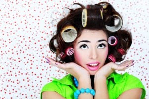 Shot of a funny woman housewife dressed in retro style
