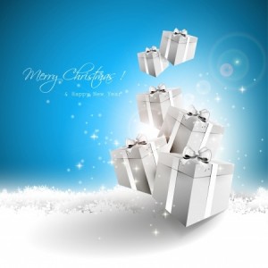 Silver gift boxes in the snow - Christmas greeting card