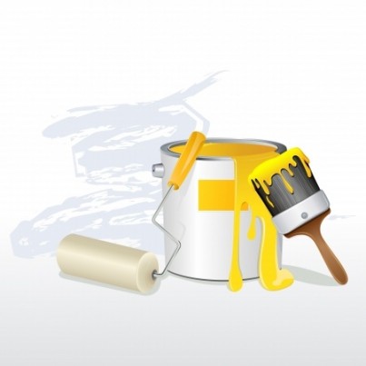 illustration of paint bucket with paint brush and roller