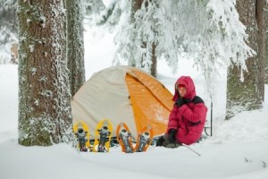 Camping during winter hiking in Carpathian mountains