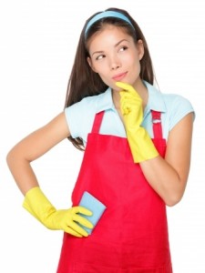 Cleaning lady thinking isolated on white background