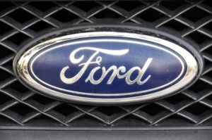 Close-up Ford logo. Chrome metal