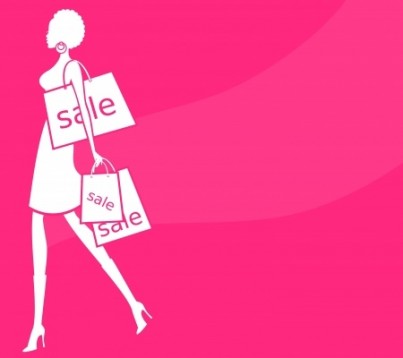 Illustration of a young woman with shopping bags against pink background