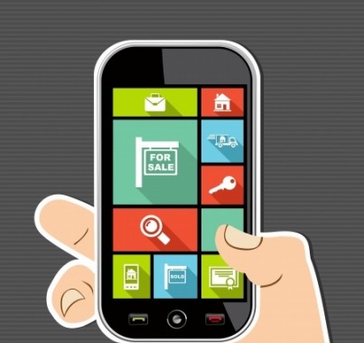 Real Estate concept human hand holds a smart phone UI applications graphic user interface