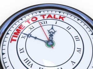 3d illustration of closeup of clock with words time to talk