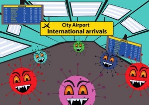 Cartoon vector illustration of a viruses at the airport
