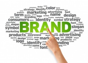 Hand pointing at a Brand Word Illustration on white background