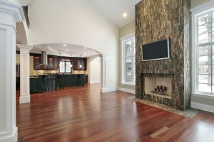 Living room in new construction home with fireplace