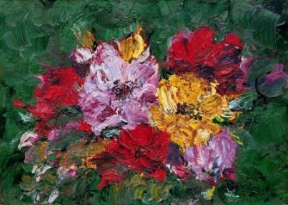 Oil and Pallet knife abstract painting of red, pink and yellow flower blossoms.