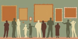 Editable vector silhouettes of diverse people at an art gallery or museum