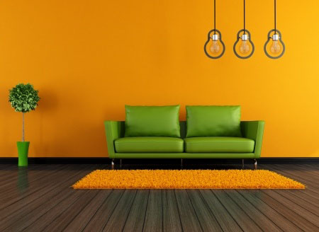 Contemporary livingroom with green couch and modern lamp- rendering