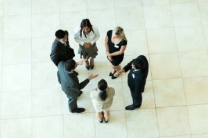 overhead view of people having business meeting