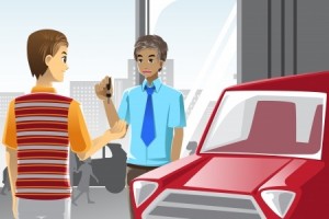 A vector illustration of a man buying a car from a car salesman in a car dealership