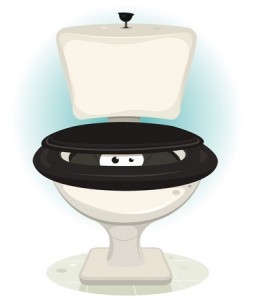Illustration of a funny cartoon animal or monster character's eyes looking from inside open water closet