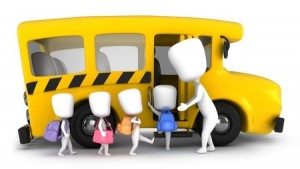 3D Illustration of Kids Being Guided into a School Bus
