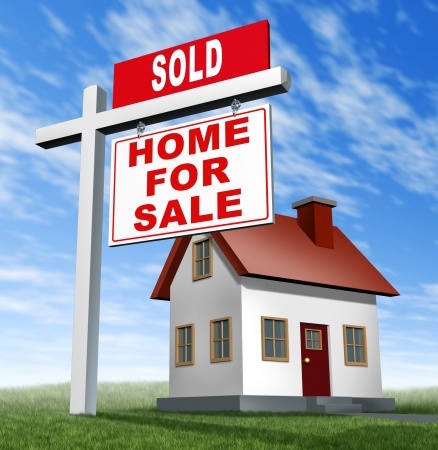 Sold home for sale sign and house as a real estate business financial concept of selling on low affordable mortgage home loans and buying your family dream home using an agent to negotiate the sale.