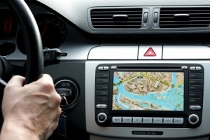 Car dashboard with gps panel, travel and technology background