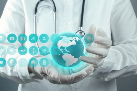 Medicine doctor hand working with modern computer interface as medical concept