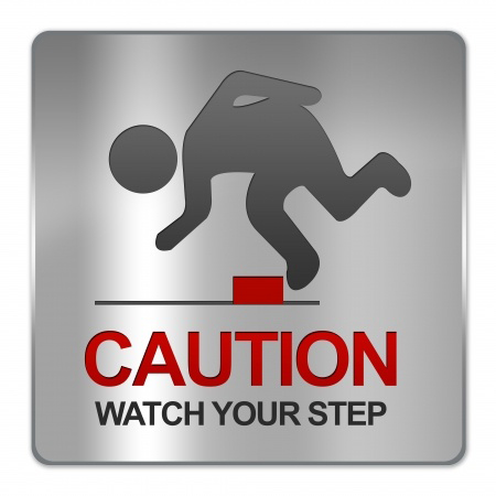Square Silver Metallic Plate For Caution Watch Your Step Sign Isolate on White Background