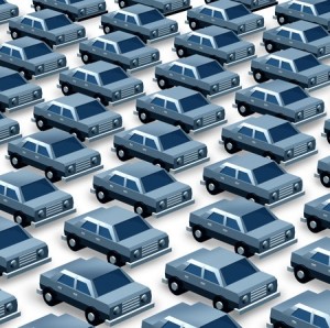 Car dealership concept as a group of generic three dimensional cars organized as a pattern in a parking lot as a symbol of auto sales imports and exports or manufacturing recalls