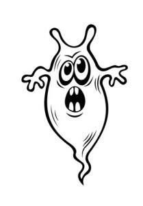 Scary black and white Halloween ghost waving its arms and yelling with a toothy open mouth