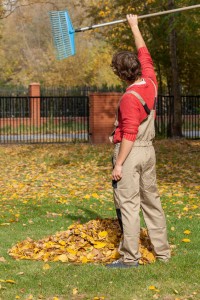 A happy man after having finished raking up his garden
