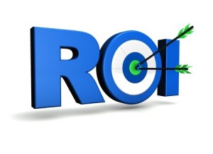 Return on investment business concept with roi word, target and two arrows on green centre On white background