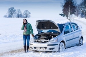 Winter car breakdown - woman call for help, road assistance