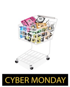 A Shopping Cart Full with Computer Hardwares for Cyber Monday Shopping Season and Biggest Discount Promotion in A Year.