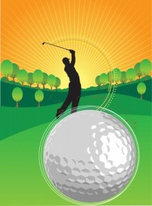 A person is playing golf in the sunset
